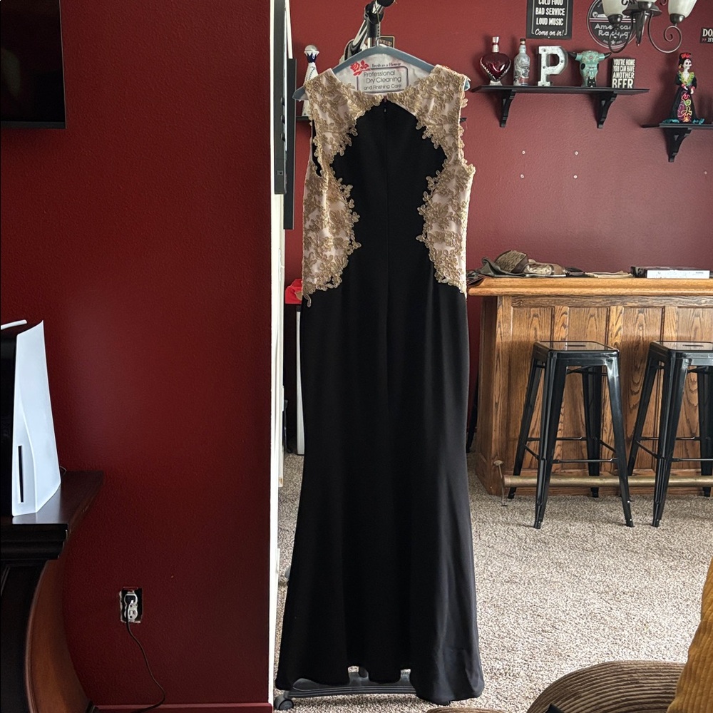 Betsy Adam ELEGANT Ball gown with Gold Lace w mermaid style length